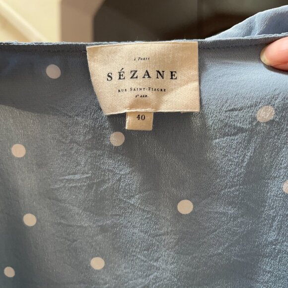 Sézane Light Blue Silk Ruffle Blouse w/ White Polka Dots | Size 40 (US 8/M) - Picture 5 of 7
